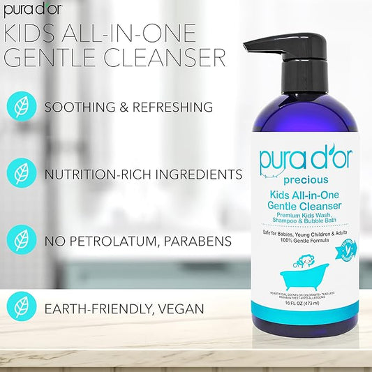 PURA D'OR Kids Wash (16oz x 2 = 32oz) All-in-One Gentle Cleanser - USDA Biobased, Sulfate-Free, Tear-Less, Hypoallergenic, Premium, Shampoo & Bubble Bath