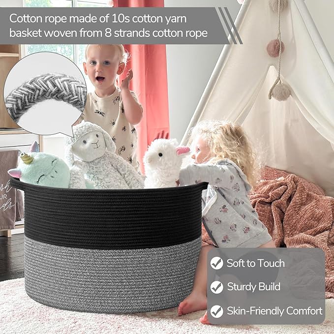 INDRESSME XXXLarge Cotton Rope Basket Woven Baby Laundry Baskets Blanket Baskets Toy Basket with Handle Comforter Cushions Storage Bin Thread Laundry Hamper - 21.7" x 21.7" x 13.8"
