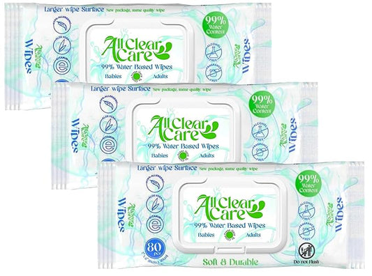 Baby Wipes, Unscented Wipes for Sensitive Skin, Large Soft Durable & 99% Water Based, Gentle & Hypoallergenic for Babies & Adults, Vitamin E and Aloe, Flip Top Lid, 3 Pack (240 Wipes)