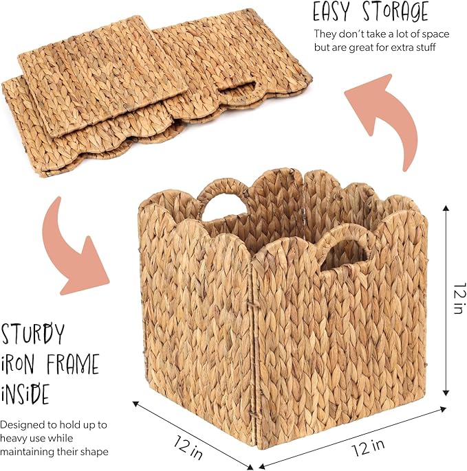 Set of 4 Foldable Scalloped Water Hyacinth Storage Cubes Basket, Storage Cube Bins -12"x12"x12", Collapsible Cube Organizers, Water Hyacinth Woven Bins for Bathroom, Bedroom, Laundry, Pantry, Shelves