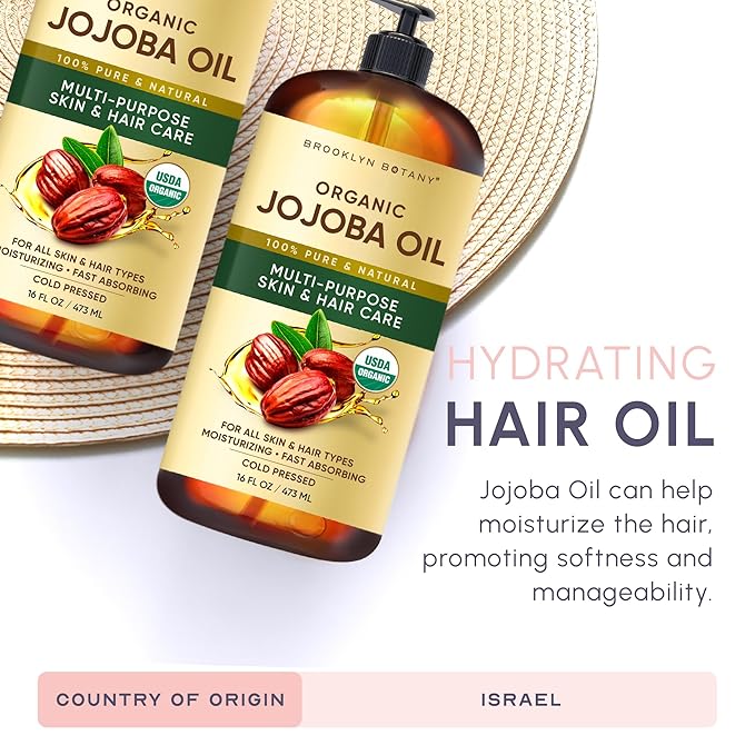 Brooklyn Botany Cold-Pressed Organic Jojoba Oil | for Skin, Hair and Face | 16 Fl Oz | 100% Pure and Natural | Carrier Oil for Essential Oils, Aromatherapy and Massage | Hexane Free