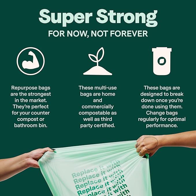 Repurpose 13 Gallon Compostable Kitchen Trash Bags, 75 Bags, BPI Certified, Leak-Proof, FDA Approved, Recyclable Packaging