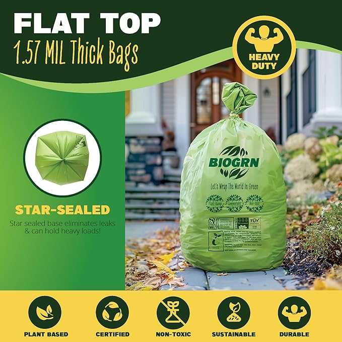 50-55 Gallon Compostable Trash Bags Flat-Top 12 Bags Heavy Duty 1.57 Mil 208.2 Liter Large Lawn and Yard Waste Bag Compost for Outdoor Garden ASTM D6400, US BPI and OK Compost Home Certified