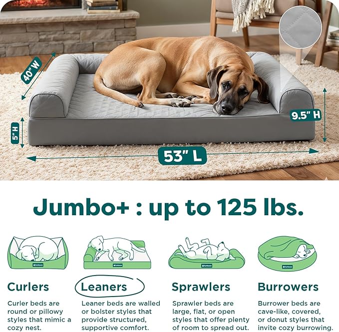 FurHaven Classic Sofa Orthopedic Dog Bed for Large Dogs with Orthopedic Solid Slab Memory Foam for Joint Support, Removable Washable Cover, Jumbo Plus/XXL, Quilted Sofa, Silver Gray