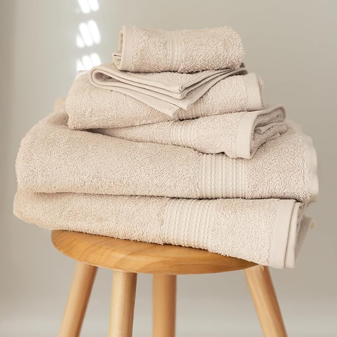 100% Turkish Cotton Towel Set of 6 - Plush & Super Absorbent - Premium Set with 2 Bath Towels, 2 Hand Towels, and 2 Washcloths - Made in Turkey (Light Beige, 6-Piece Towel Set)