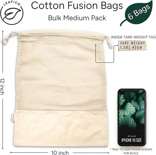 LEAFICO Reusable Produce Bags – 100% Cotton Mesh & Solid Hybrid (Medium 10x12 inch 6 Pcs) – Reusable Grocery Bags for Apples, Carrots, Bulk Vegetables – Washable, Plastic-Free, Breathable, Zero Waste
