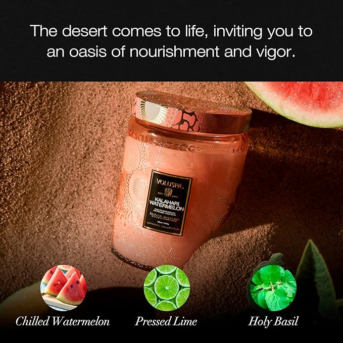 Voluspa Kalahari Watermelon, Large Candle Jar, 18 oz, 100 Hour Burn Time, Coconut Wax for Clean Burning, Handcrafted in the USA