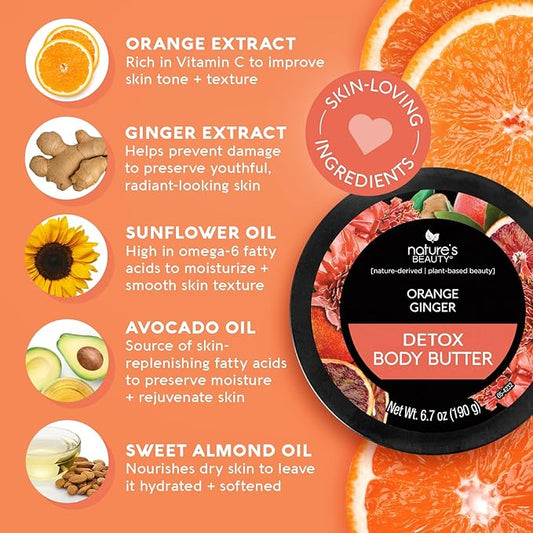 Nature's Beauty Orange Ginger Detox Body Butter Multi-Pack - Luxury Rich Moisturizer, Purify + Reset + Soothe your Skin, Made w/Vitamin C, Sunflower + Almond + Avocado Oils, 6.7 oz (2 Pack)