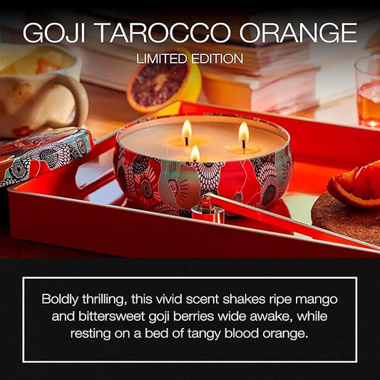 Voluspa Limited Edition Goji Tarocco Orange 3 Wick Tin Candle, 12 oz, 40 Hour Burn Time, Coconut Wax for Clean Burning, Handmade in The USA