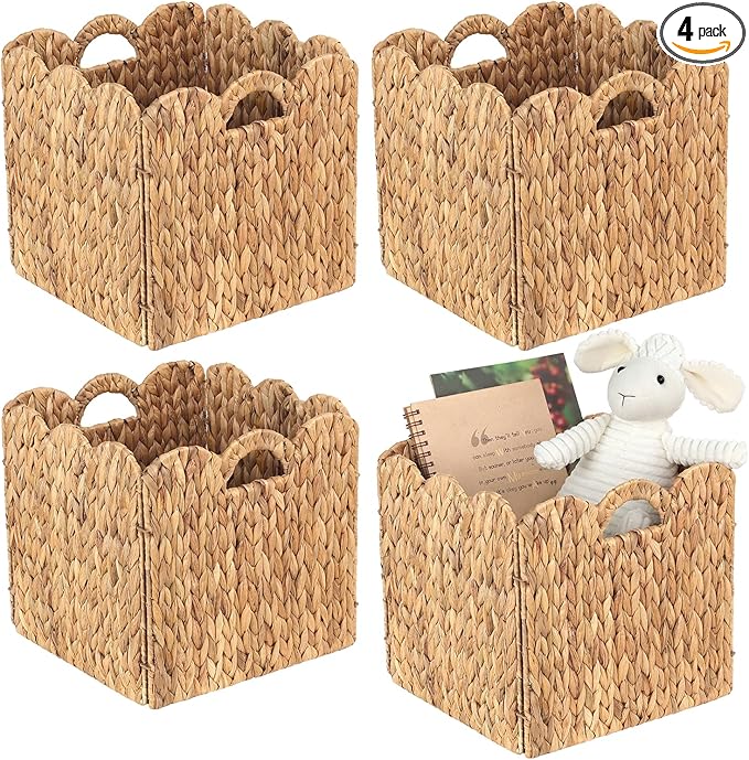 Set of 4 Foldable Scalloped Water Hyacinth Storage Cubes Basket, Storage Cube Bins -12"x12"x12", Collapsible Cube Organizers, Water Hyacinth Woven Bins for Bathroom, Bedroom, Laundry, Pantry, Shelves