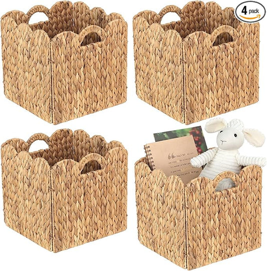 Set of 4 Foldable Scalloped Water Hyacinth Storage Cubes Basket, Storage Cube Bins -12"x12"x12", Collapsible Cube Organizers, Water Hyacinth Woven Bins for Bathroom, Bedroom, Laundry, Pantry, Shelves