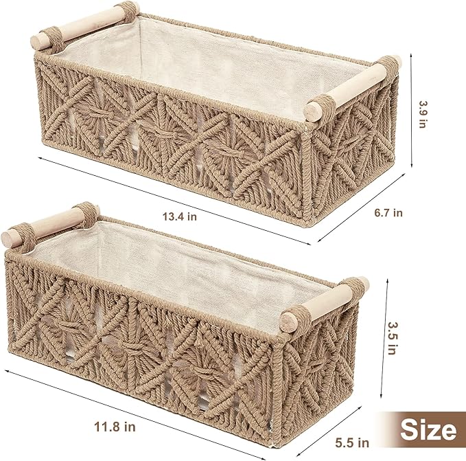 Macrame Storage Basket Boho Decor Baskets for Organizing Woven Decorative Basket for Countertop Toilet Paper Basket for Toilet Tank Top Shelf Basket with Handle for Bathroom Decor Nursery (Set of 2)