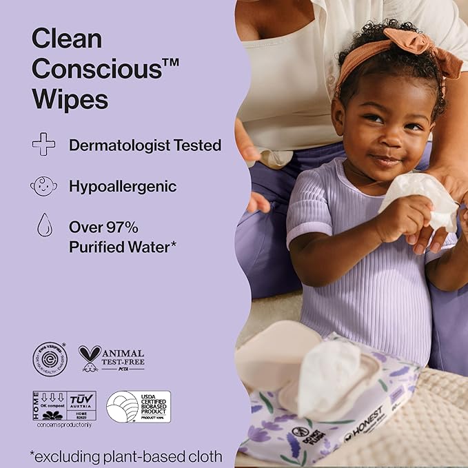 The Honest Company Calm and Cleanse Naturally Scented Wipes Cleansing Multi-Tasking 99% Water Plant Based Hypoallergenic Lavender 240 Count