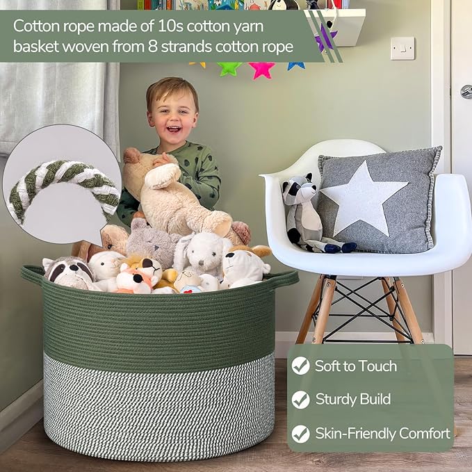 INDRESSME 115L Extra Large Cotton Rope Blanket Basket, Home Decor Laundry Storage Basket for Organizing Bedroom, Living Room, Nursery, Toy Storage for Colthes Towel, Green