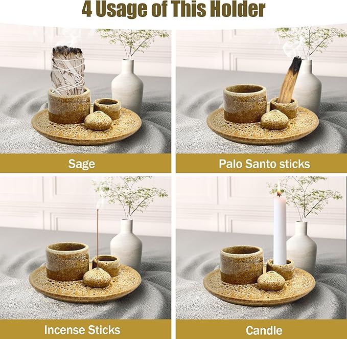 Palo Santo Holder - 4 in 1 Incense & Candle Holder - Ceramic Incense Holder Ash Catcher Tray for Meditation Room - Easy to Clean (Brown White)