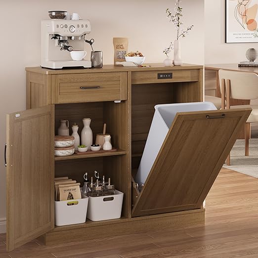 Double Tilt Out Trash Cabinet, Kitchen Island with Trash Storage, Trashcan Cabinet for Kitchens, Wood Cabinet with Trash Can Pull Out, Dog Proof Trash Can (Light Coffee, 10 Gal)