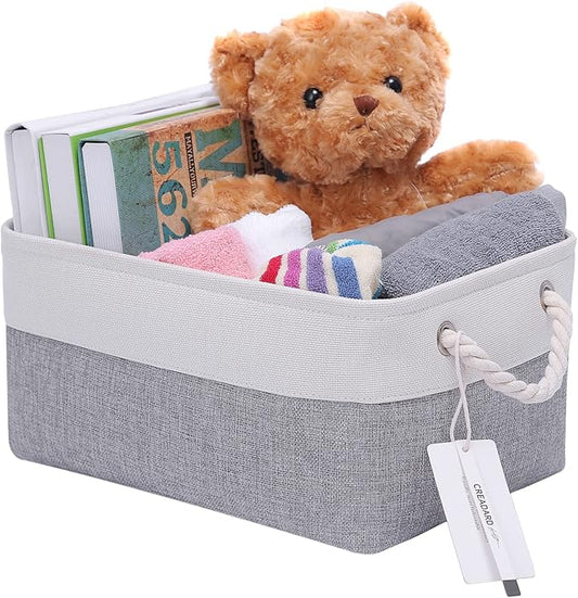 Fabric Storage Basket, Foldable Linen Storage Box for Nursery and Home, Collapsible Canvas Shelf Basket for Wardrobe or Bedroom, Grey and White