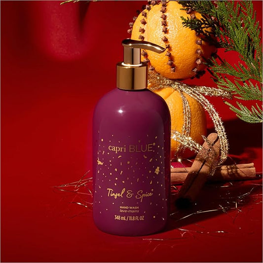 Capri Blue Large Moisturizing Hand Wash Soap - Liquid Hand Soap with Pump Bottle - Gentle & Hydrating Skin Care - Notes of Juniper Berry, Cinnamon, Clove & Orange Mandarin (Tinsel & Spice, 11.8 fl oz)