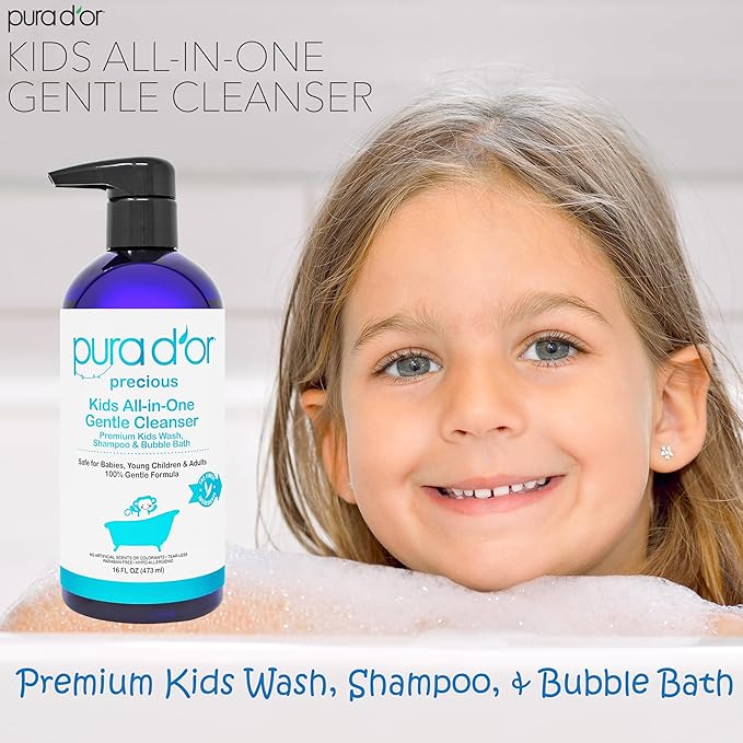PURA D'OR 16 Oz Kids Wash - All-in-One Gentle Cleanser - USDA Biobased, Sulfate-Free, Tear-Less, Hypoallergenic, Premium, Shampoo & Bubble Bath