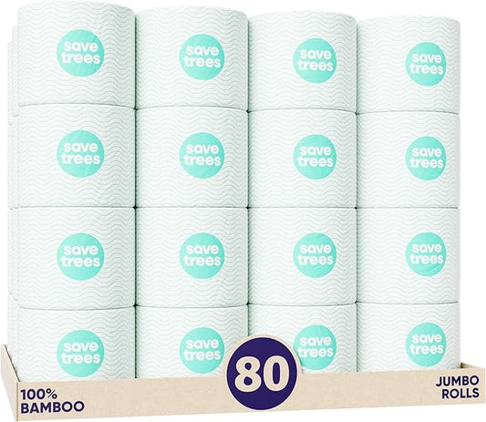 Save Trees Bamboo Toilet Paper -80 Rolls Of Septic Safe Organic Toilet Paper - 3-ply, 300 Sheets Per Roll - PFAs Free, FSC Certified, Plastic & Chemical Free -For Home, Boat& RV Use