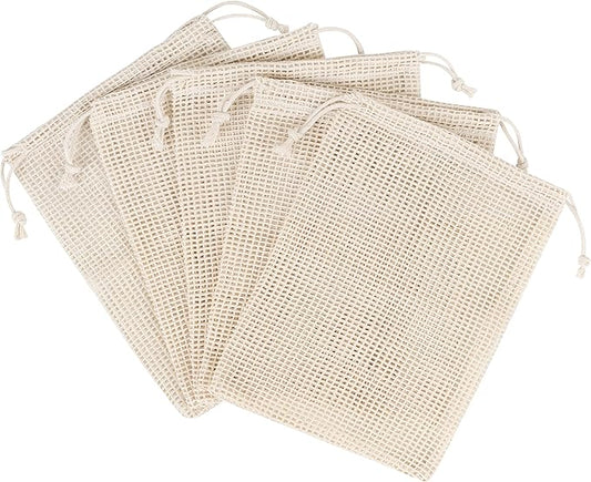 PALTERWEAR 100 Percent Natural Cotton Double Drawstring Mesh Bag For Herbs, Nuts, Spices (5 x 7 Inch - Set of 5)