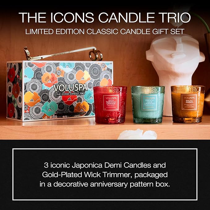 Voluspa Limited Edition Icons Gift Set, 5.5 oz, Coconut Wax Blend for Clean Burning, 50 Hour Burn, Small Candle Gift Set Handmade in The USA