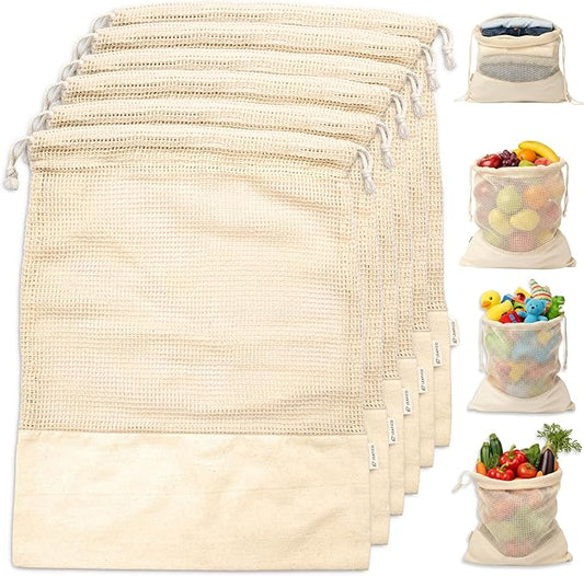 LEAFICO Reusable Produce Bags – 100% Cotton Mesh & Solid Hybrid (Large 12x15 inch 6 Pcs) – Storage Bags for Vegetables, Toys, Clothes, Travel Packing – Washable, Plastic-Free, Breathable, Zero Waste