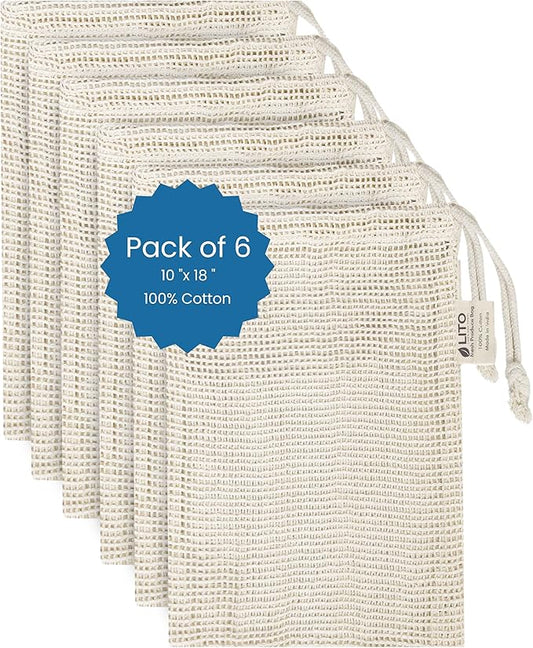 LITO LINEN AND TOWEL Produce Bags| Storage with Drawstrings | Cotton Mesh for Vegetables, Fruit, Onion & Grocery Shopping| Reusable Washable Food Bag| Cloth Shoe Bags| 6 Pack 10"x18"-Large - Natural