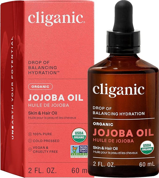 Cliganic Organic Jojoba Oil, 100% Pure (2oz) | Natural Cold Pressed Unrefined Hexane Free Oil for Hair & Face | Base Carrier