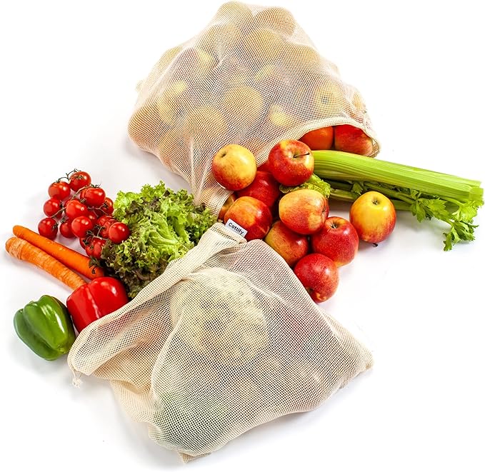 4-pack Reusable Produce Bags Grocery Washable XL, Organic Cotton Mesh Produce Bags Double-Stitched Vegetable Grocery Reusable, Tare Weight, Cotton Produce Bags Reusable Washable, Produce bgs XL