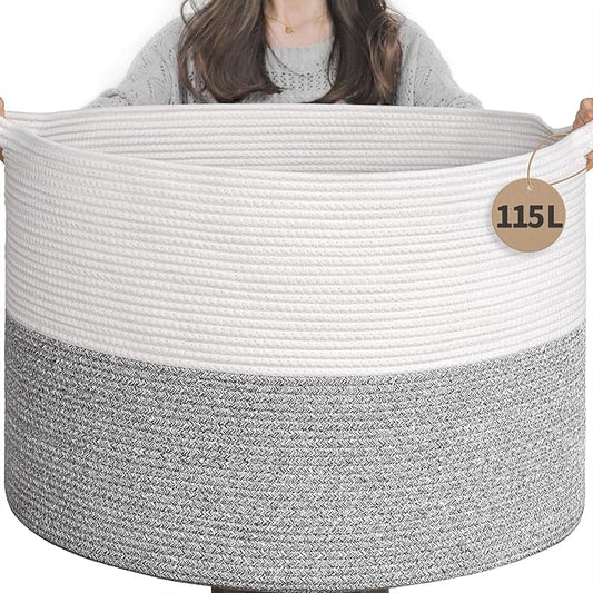 INDRESSME 115L Extra Large Blanket Basket, Soft Cotton Rope Storage Basket for Organizing, Home Decor, Toys, Laundry & Towels, Toy Storage Organizer for Living Room & Nursery, Light Grey