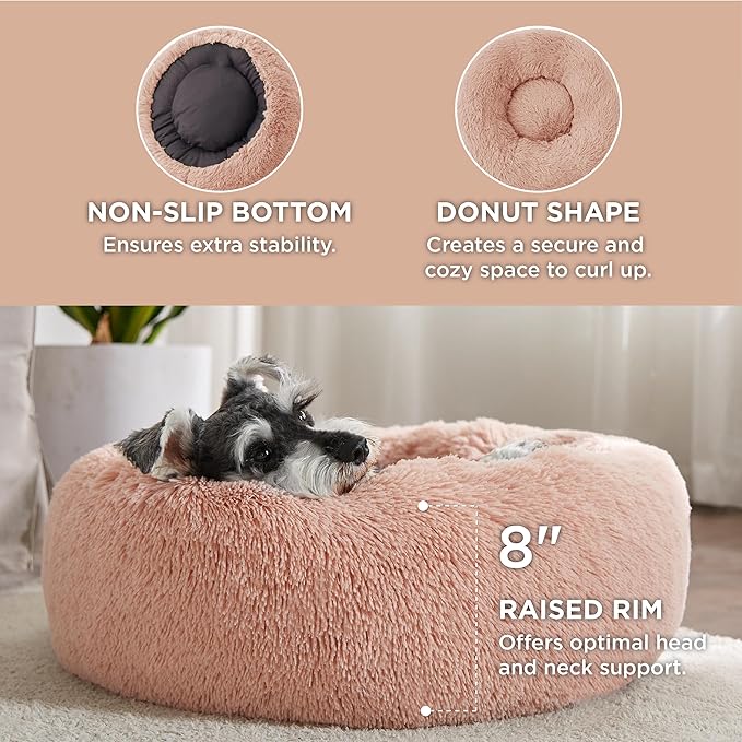 Bedsure Calming Dog Bed for Small Dogs - Donut Washable Small Pet Bed, 23 inches Anti-Slip Round Fluffy Plush Faux Fur Large Cat Bed, Fits up to 25 lbs Pets, Pink
