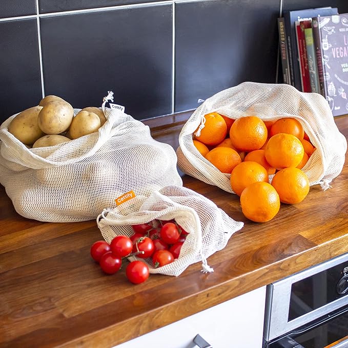4-pack Reusable Produce Bags Grocery Washable XL, Organic Cotton Mesh Produce Bags Double-Stitched Vegetable Grocery Reusable, Tare Weight, Cotton Produce Bags Reusable Washable, Produce bgs XL