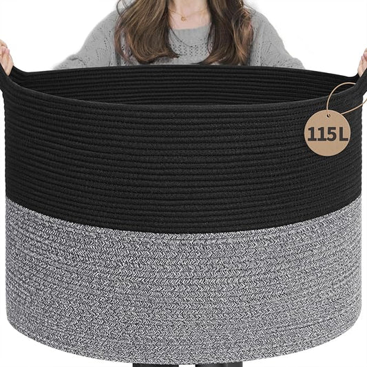 INDRESSME 115L Extra Large Cotton Rope Blanket Basket, Woven Basket for Toy Storage Organizer & Laundry Toy Box for Living Room Area & Nursery Room, Black & Grey