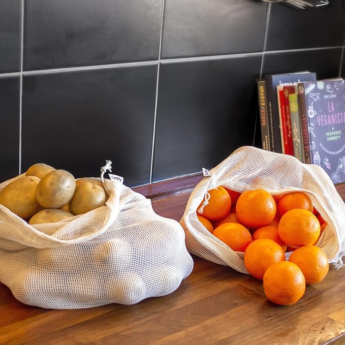 4-pack Reusable Produce Bags Grocery Washable XL, Organic Cotton Mesh Produce Bags Double-Stitched Vegetable Grocery Reusable, Tare Weight, Cotton Produce Bags Reusable Washable, Produce bgs XL