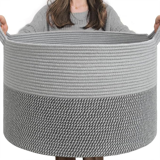 INDRESSME Extra Large Laundry Basket, Cotton Rope Blanket Basket for Nursery Living Room, Decorative Woven Storage Basket with Handles for Dirty Clothes, Toy Bin For Dog Toys, 21.7 x 13.8 inches, Grey