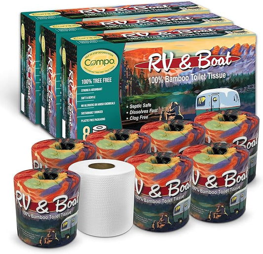 Compo Boat & RV Toilet Paper, 100% Bamboo Toilet Paper for Marine, Motor Homes and Travel Camper Use, Rapid Dissolve, Septic Safe, Plastic Free Packaging, 308 2-Ply Sheets per Roll (24 Compact Rolls)