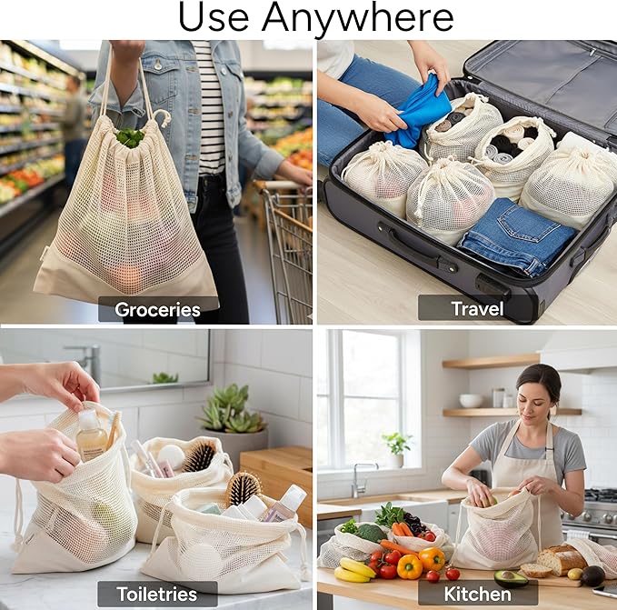 LEAFICO Reusable Produce Bags – 100% Cotton Mesh & Solid Hybrid (Large 12x15 inch 6 Pcs) – Storage Bags for Vegetables, Toys, Clothes, Travel Packing – Washable, Plastic-Free, Breathable, Zero Waste