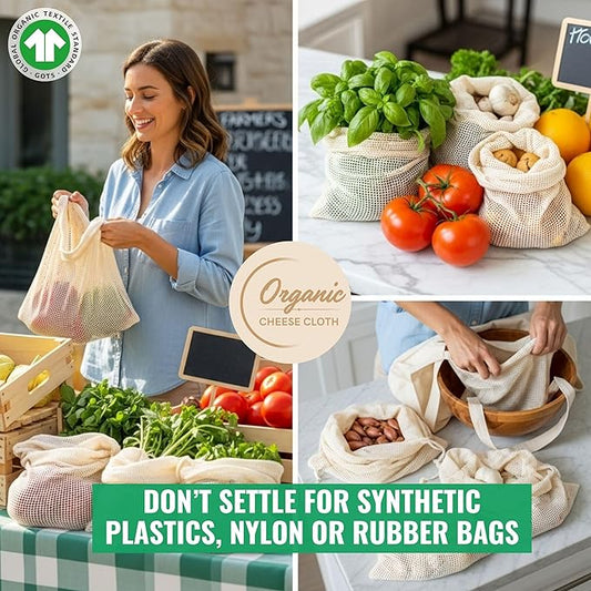 Organic Cotton Mesh Produce Bags – Large Reusable Grocery Bags (4 Pack) | Washable, Lightweight & Breathable Storage for Fruits, Vegetables, Bulk Foods & Zero Waste Living 10"x18"